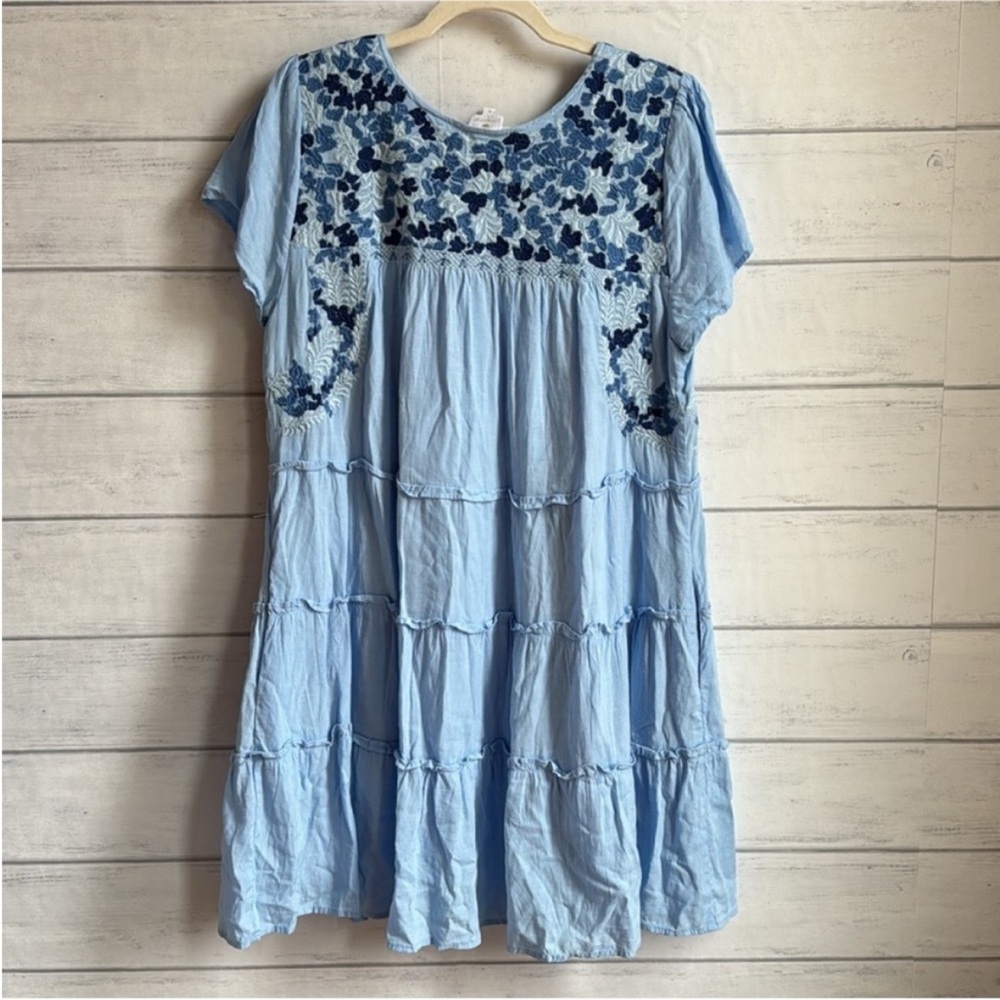 J. Marie Light Blue embroidered Tiered Dress